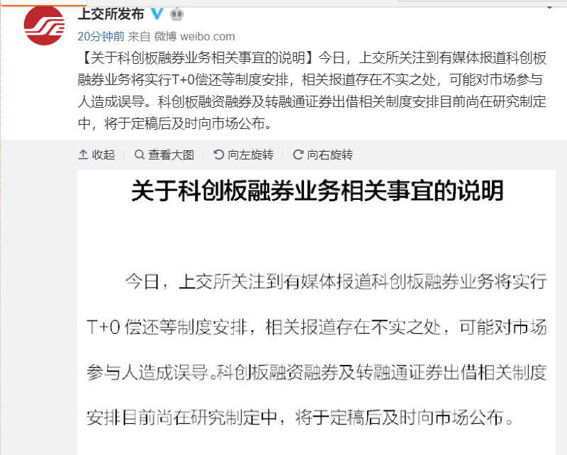 上交所回应科创板融券业务将实行T+0制度:相关