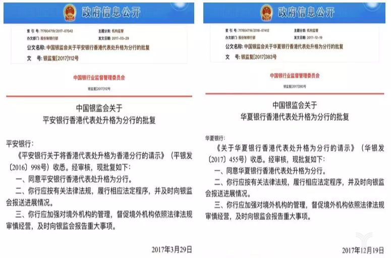 平安银行、华夏银行先后获得设立香港分行的监管批复文件